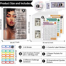 Money Saving Binder, 100 Envelopes Money Saving Challenge, Cash Envelopes Budget Binder & 3 Budgeting Planner Trackers, PU Leathers A5 Money Saving Planner Book，African American Women Girl