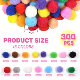 TOAOB 300 Pieces Pompoms 40 mm Colourful Pompom Fluffy Plush Set Balls Art Bobble for Funny DIY Creative Crafts