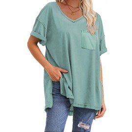 EXLURA Womens 2024 Summer Oversized T Shirts Loose Fit Short Sleeve V Neck Tops Athletic Workout Gym trendy Tee, Blue Green, XX-Large