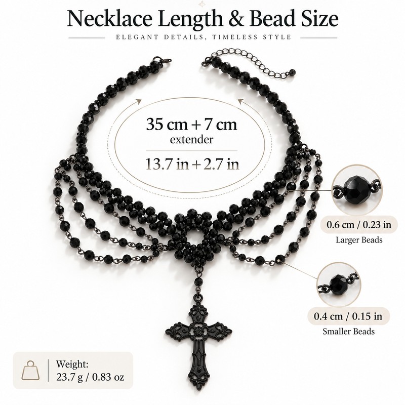 Layered Black Beaded Cross Necklace, Draped Multi-Strand Gothic Choker for