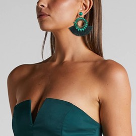 EVER FAITH Macrame Stud Earrings for Women Girls Sparkling Crystal Green Statement Bohemian Dangle Tassel Earrings, Crystal