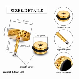 2025 Upgraded Hypoallergenic earrings for men,Mens surgical steel black stud earring jewelry,Great Wall wall grain round cake shape,Single black gel 0.4 inches wide (Golden Great Wall pattern)