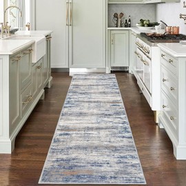 KOZYFLY Modern Abstract Hallway Runner Rug, 2.6x8 Washable Rug Runner Non-Slip Soft Striped Kitchen Runner Rugs, Print Distressed Grey Blue Carpet Runner for Entryway Bathroom Laundry Room Foyer