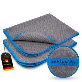Exklusiv Chemie® 2 x Waffle Cloth Q5 320 GSM + Hand Polishing Sponge - 50 x 40 cm | Streak-Free Screen Cleaning | Microfibre Cloth Glass | Absorbent & Lint-Free