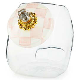 MACKENZIE-CHILDS Cookie Jar with Enamel Lid, Large Glass Treat Jar or Kitchen Jar, 1-Gallon Capacity, Pink-and-White Rosy Check