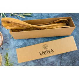 EMNA - 5-Piece Olive Wood Kitchen Utensil Set | Approx. 30 cm | Exclusive Gift Box | Design Cooking Spoon with Pointed Corner | Salad Servers | Flat and Slotted Spatula | Birthday Woman