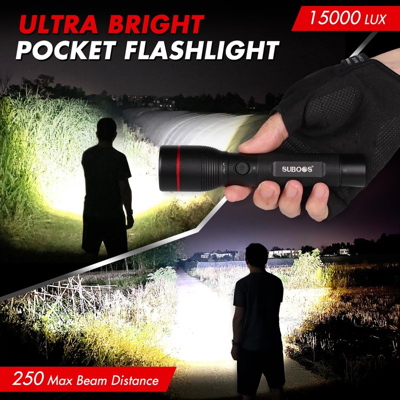 SUBOOS X50 Pro LED Rechargeable Flashlight, Super Bright 15000 Lux,