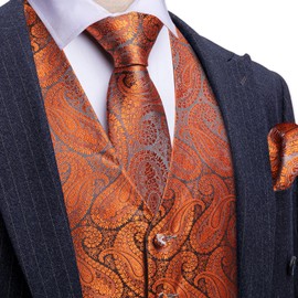 Barry.Wang Mens Paisley Orange Tie and Vest Set with Pocket Square Cufflinks WaistCoat Suit for Tuxedo 5PCS