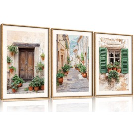 BICERE Large Vintage Italy Cityscape Framed Canvas Wall Art,Minimalist Europe Street Art Prints,Natural Green Window Wall Decor,Modern Country Landscape Artwork for Living Room,Dining Room -24"x36"x3