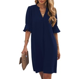 Wkior Summer Dress for Women Short Sleeve Solid Color Loose Swing Elegant Dress Blue L