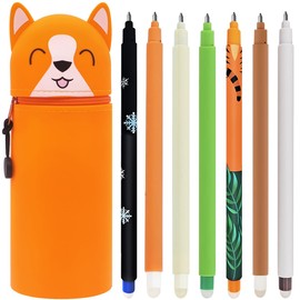 Kawaii 2-in-1 School Pencil Case - Erasable Gel Pen Set, with Thermo-Sensitive Erasing Ink, a Variety of Ink Colours and Barrel Designs, 0.7 mm Tip (Animal Pen Holder + 12Erasable-B)