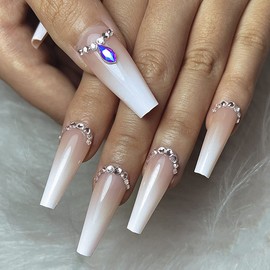 Yivaiks 24pcs French Tip Press on Nail Long coffin Nude White Ballerina Flash Diamond Crystal Glossy Flash Fake Nails Acrylic Nails for Women and Girls…