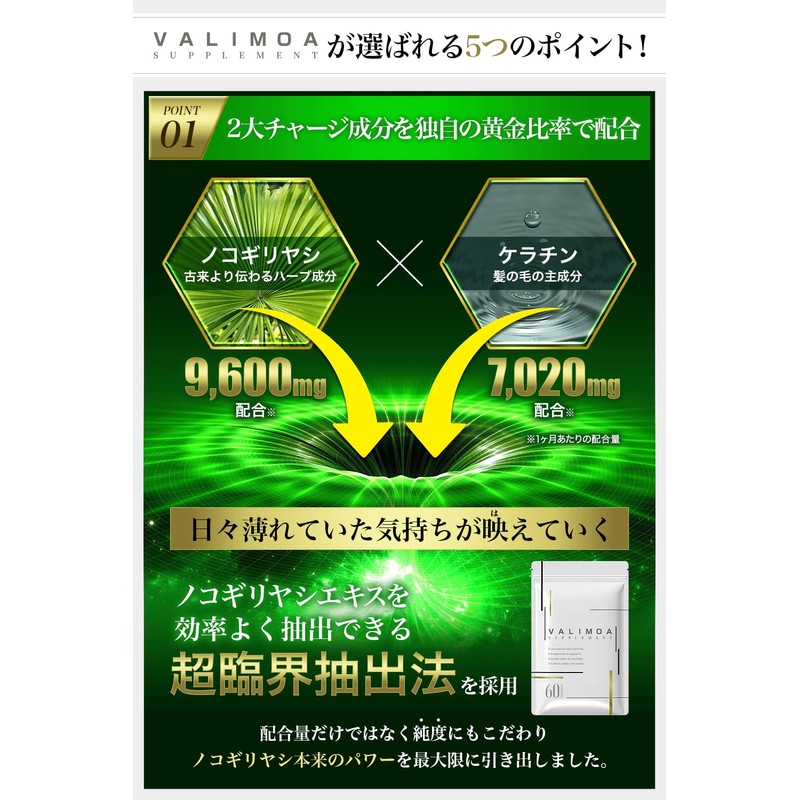 育毛サプリ ノコギリヤシ 9,600mg ケラチン 7,020mg 推奨量配合 ヘアケアサプリ VALIMOA（ バリモア ）