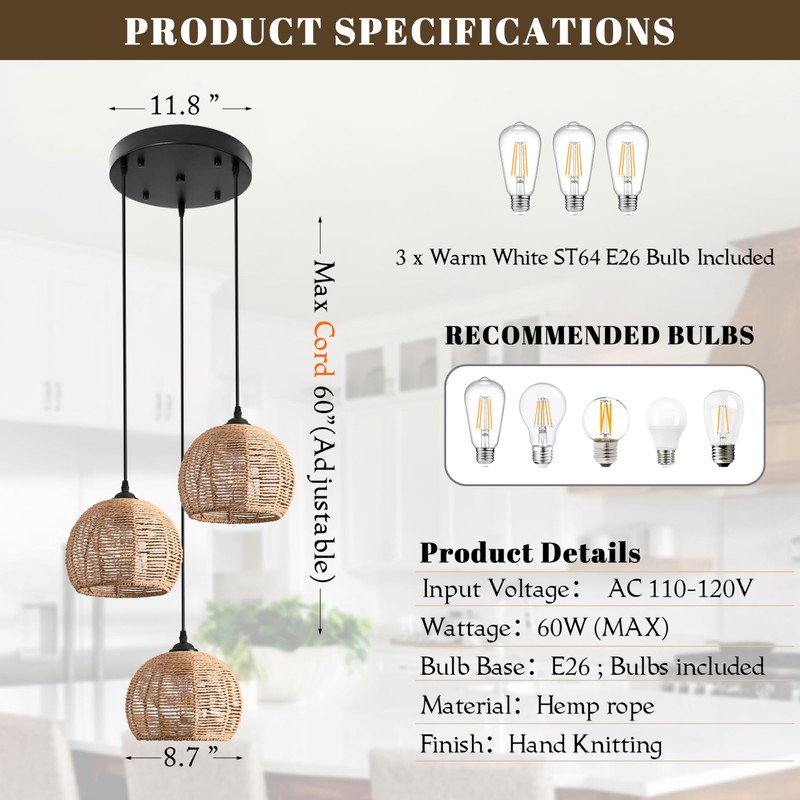3-Light Mini Hemp Rope Woven Pendant Light Kitchen Island,3 Dome