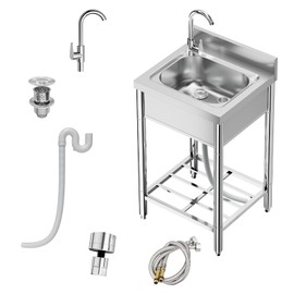21''x20''x37'' Free Standing Stainless Steel Kitchen Sink with 360° Rotating Faucet, Hot and Cold Water Supply, and Storage Rack for Kitchens, Restaurants, and Outdoor Areas