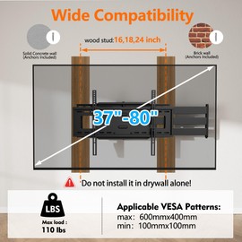 48'' Extension Long Arm TV Wall Mount, Full Motion Heavy Duty TV Wall Mount Swivel Tilt Level Articulating for 37''-80'' Screens, Max VESA 600x400mm, 16''18''24'' Wood Studs/Concrete/Brick Wall