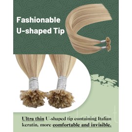 Ugeat Dark Ash Blonde U Tip Extensions Human Hair Highlights Golden Blonde Ktip Human Hair Extensions for Women Keratin Bond Long Lasting 18 Inch 50G 50S