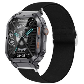 Lamshaw 22mm Watch Band, Nylon Scrunchie Replacement Strap, Compatible with KACLUT Smart Watch/EIGIIS K57 Pro 1.96 Military Smart Watches/ESFOE K57 1.96 Military Smart Watch, Black, 22mm