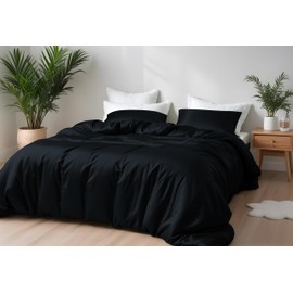 LINENWALAS Bamboo Bed Linen Set, Premium Bamboo Silk Duvet Cover Set with Pillowcase, 2-Piece Bedding Set, 155 x 220 cm Luxury, Soft, Cooling Quilt Cover (Jet Black)