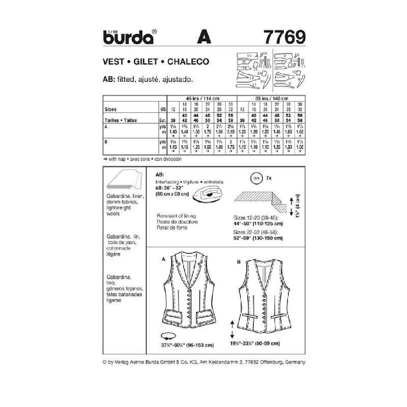 Burda Dressmaking Sewing Pattern 7769 Vest Sizes 10 – 30