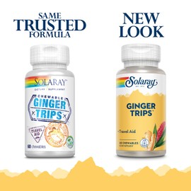 SOLARAY Ginger Trips Travel Aid | Root Extract | Healthy Digestive Support w/Honey, Stevia & Molasses | 60 Chewables