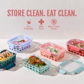 Ello Duraglass 3.4 Cup Meal Prep Sets 10Pc, 5 Pack Set- Glass Food Storage Container with Silicone Sleeve and Airtight BPA-Free Plastic Lids, Dishwasher, Microwave, and Freezer Safe, Melon