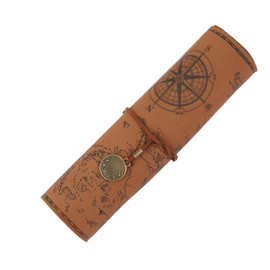PU Leather Pencil Bag Strap Vintage Treasure Map Compass Cover Rollup Storage Organizer Retro Pen Bag Wrap Roll Case Holder Portable Stationery Pouch for Artist Drawing Makeup (Coffee, 20.5 * 31CM)