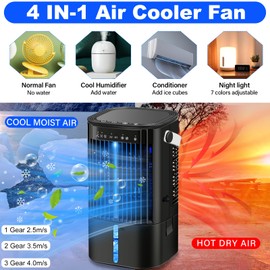 Portable Air Conditioners Fan - Portable AC Small Personal Air Cooler, Quiet Mini Mobile Cooling Fan with Handle,2/4H Timer 3 Speeds,Desk Air Conditioner with 7 Color for Home Office Car Work Outdoor