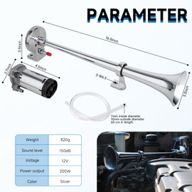AOLIHAN Loud Train Horn Kit for Truck,Super Loud 150DB 12V Car Horn,18 Inches Chrome Zinc Single Trumpet Air Horn with Compressor for Car Truck Train Boat (silver single tube horn with wire, 12v)