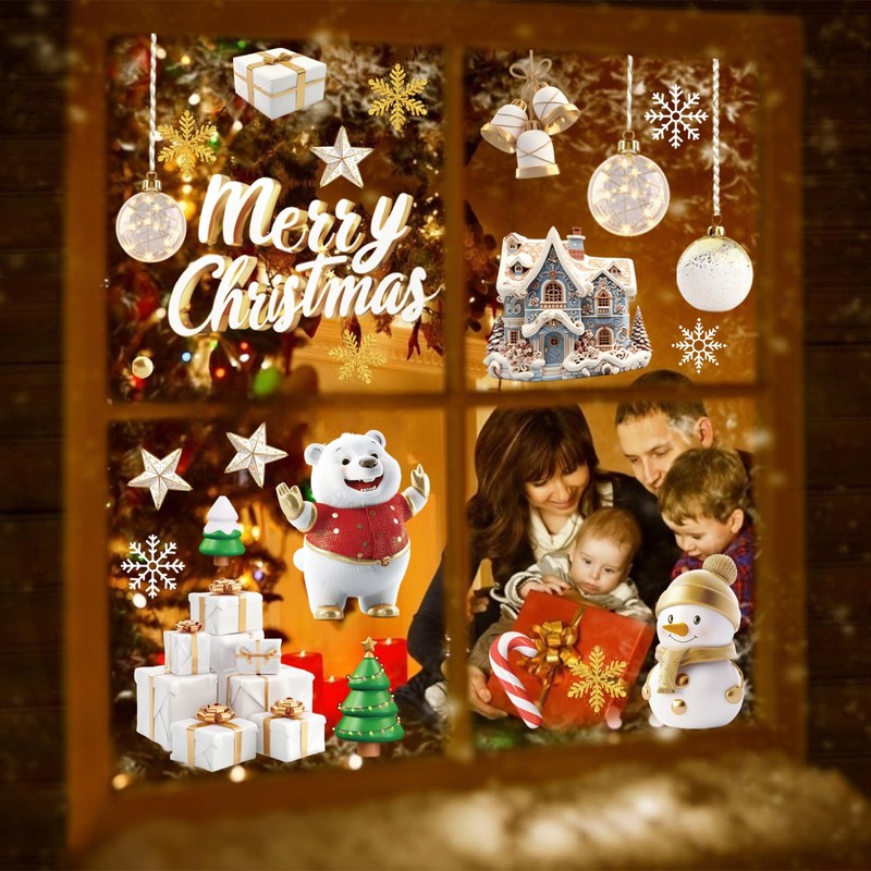 Mifferer Christmas Window Stickers, 9 Sheet White Snowflakes,Christmas Tree, Santa