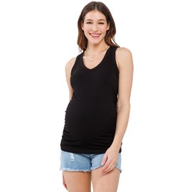 LaClef Womens Sleeveless V Neck Ribbed Maternity Tank Top, Black, Small