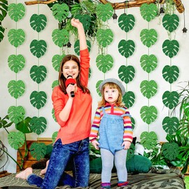 12 Pack Hanging Palm Leaves Decorations Tropica Jungle Green Garland Banner for Safari Zoo Animal Baby Shower Birthday Party Supplies ﻿