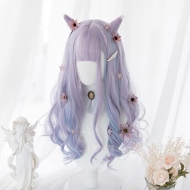 Eileen Long Curly Pink x Purple Wig, Perm, Full Wig, Natural Texture, Curly Hair, Princess Hair, Fluffy, Heat Resistant, Wig, Wind-fighting Girl, Small Face, Cute