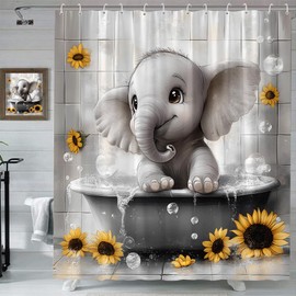 Cute Baby Elephant Shower Curtain Funny African Wildlife Elephant Playing Water Bubble in Bathtub Yellow Sunflower Floral Farmhouse Animal Hilarious Boys Polyester Fabric Bathroom Curtain with Hooks