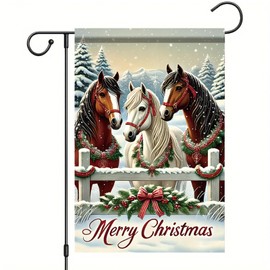 Saoplasa christmas horse garden flag 12x18 inch double sided polyester outdoor yard decor with snow wreath fence and merry christmas text