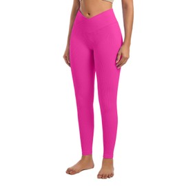 YOAKUKA Yoga Ribbed Leggings for Women High Waisted Tummy Control Seamless Butt Lifting Crossover Workout Gym Athletic Pants Rose