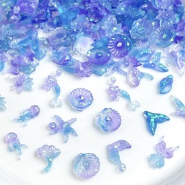 50pcs Blue Ocean Series Nail Charms 3D Resin Nail Accessories Nightlight Dreamy Ice Jellyfish Dolphin Sea Star Shell Kawaii Nail Gems and Charms