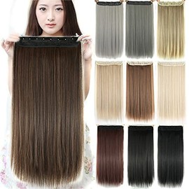 IMISSU Long Natural Thick Hair Straight Clip-in on Synthetic Hair Extensions Hairpieces for Women (24 Inches, Mixed Brown)