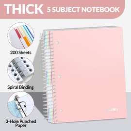 SUNEE 5 Subject Notebook College Ruled - 400 Pages, 9"x11", 5 Pocket Colored Dividers, 3-Hole Punched Paper, Pink