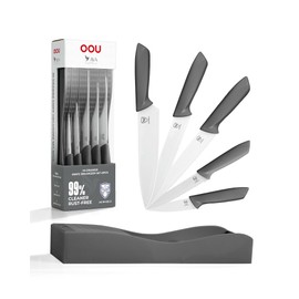 OOU In-Drawer Kitchen Knife Set, Space-Saving Cutlery and Kitchen Organizer, Includes Chef, Bread, Santoku, Utility and Paring Knives, 6-Piece Knives Sets, Gray