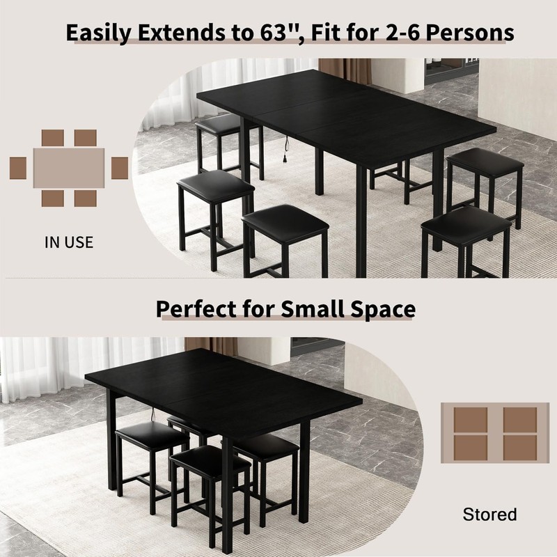 VECELO 7-Piece Dining Table Set with 6 Square Stools, 63"