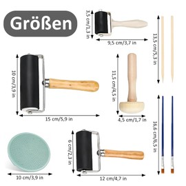OUTALIZ Lino Printing Set, 3 Pieces Rubber Brayer Roller (3.5 cm, 6 cm, 10 cm), Rubber Roller Pressure Roller, with 1 Mushroom Roller 1 Engraving, for Print Graphics, Stamping, Printing, Inks,