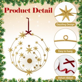 Otoolling Christmas Celestial Gold Metal Wreath Decoration, 16 Inch Artificial Christmas Gold Wreath with Red Ribbon for Front Door Home Indoor Outdoor Farmhouse Wall Window Xmas Holiday Decor