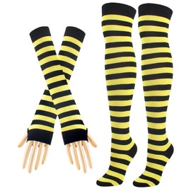 IETANG Women Stripe Leggings Long Knit Gloves Socks Set Party Costume Accessory (Black&yellow)