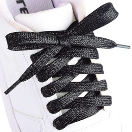 Booyckiy 2 Pairs Flat Glitter Metallic Sparkly Shoe Laces for Sneakers, 5/16" Wide in 31"-63" Colorful Shiny Shoelaces Replacement Fashion Shoe Strings, Black, 47inch (120cm)