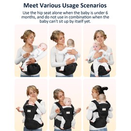 Mumgaroo Baby Carrier, 6-in-1 Baby Carrier Newborn to Toddler, Front and Back Toddler Carrier One Size Fits All, Adjustable with Hip Seat for Newborn, Infant & Toddler, Black