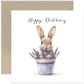 Bunny Rabbit in Lavender Pot Birthday Greeting Card - Sweet Birthday Cards for Women - 'Happy Birthday' - 40th 50th 60th 70th - For Grandma Nanny Sister Best Friend