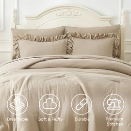 ARTALL Full/Queen Comforter Set Reyna Ruffled Comforter Sets 3 Pieces (1 Comforter and 2 Pillow Shams) Vintage Farmhouse Shabby Chic Bedding Soft Fluffy Comforter Set All Season, Oatmeal