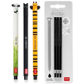 LEGAMI Set of 3 Erasable Gel Pens + 3 Black Refills with Thermosensitive Erasing Ink Assorted Ink Colours and Barrel Designs 0.7mm Tip Panda Cat Bee Design