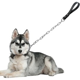 Heavy Duty Anti-bite Dog Giant Chain Leash with Leather Handle (Black, 3mm*120cm)